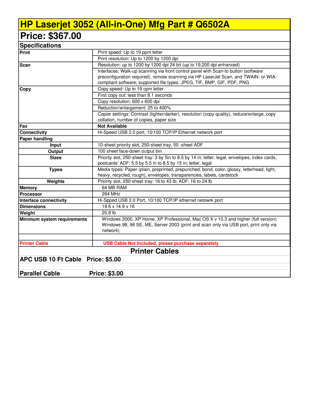 HP D5160 manual HP Laserjet 3052 All-in-One Mfg Q6502A Price $367.00, Scan 