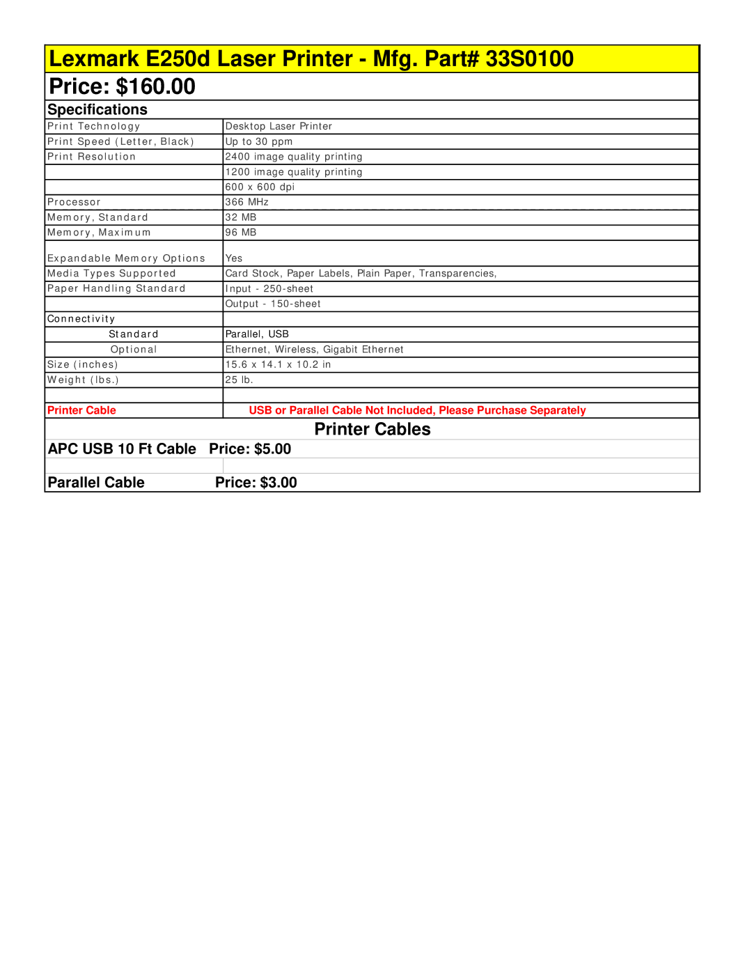 HP D5160 manual Lexmark E250d Laser Printer Mfg. Part# 33S0100 Price $160.00 