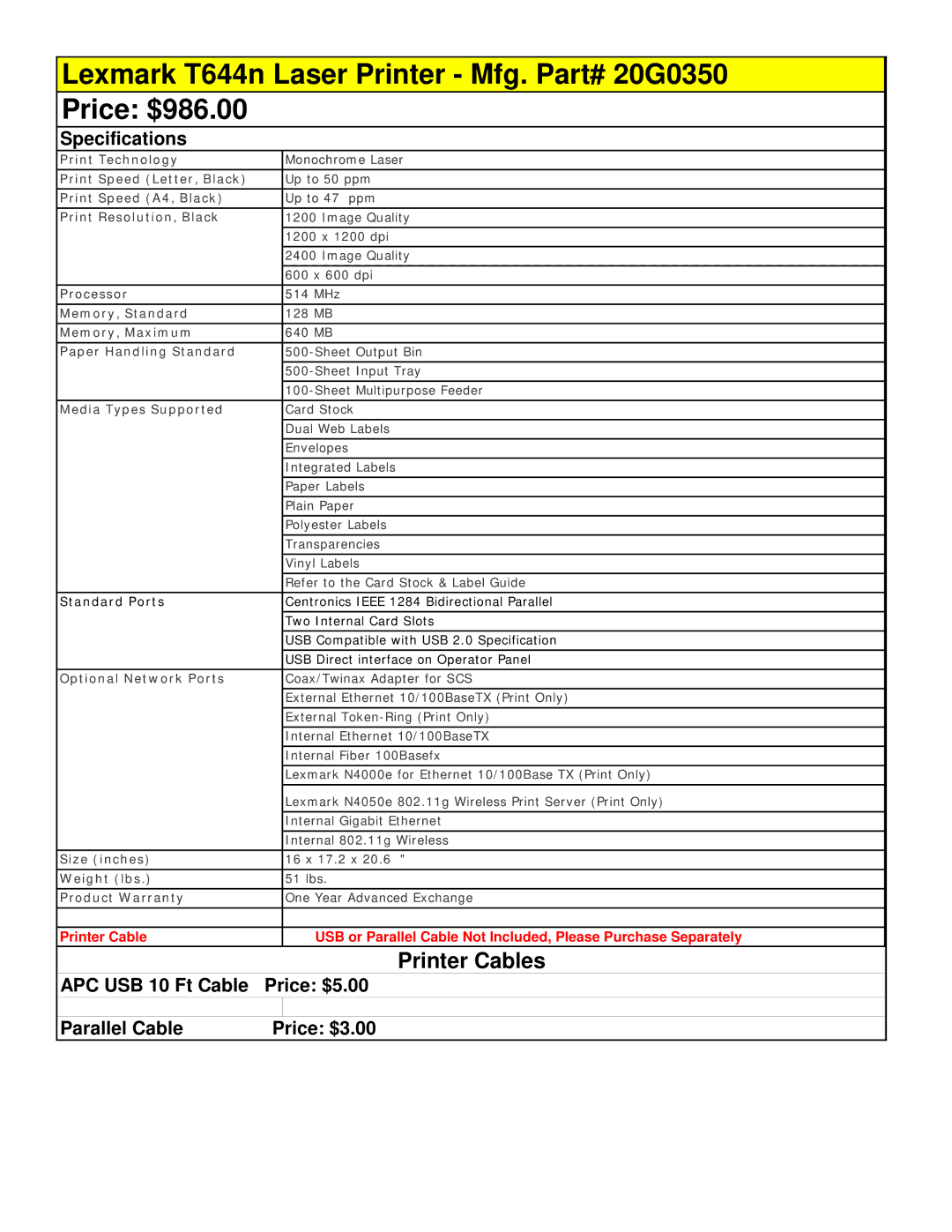 HP D5160 manual Lexmark T644n Laser Printer Mfg. Part# 20G0350 Price $986.00 