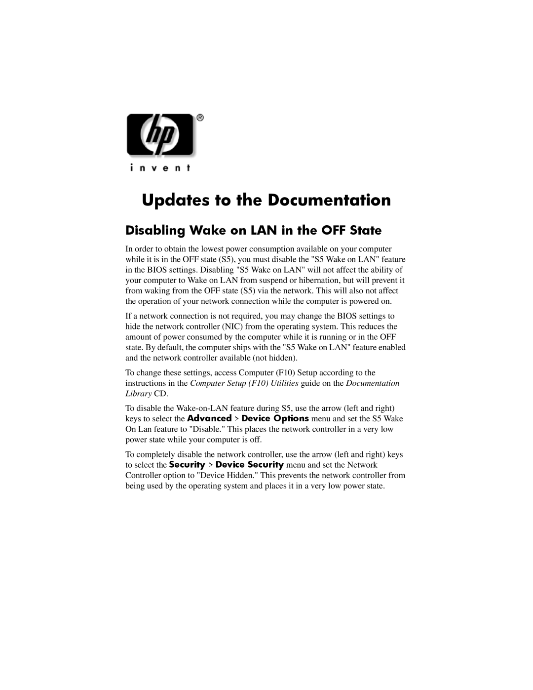 HP d530 tower manual Updates to the Documentation, Disabling Wake on LAN in the OFF State 