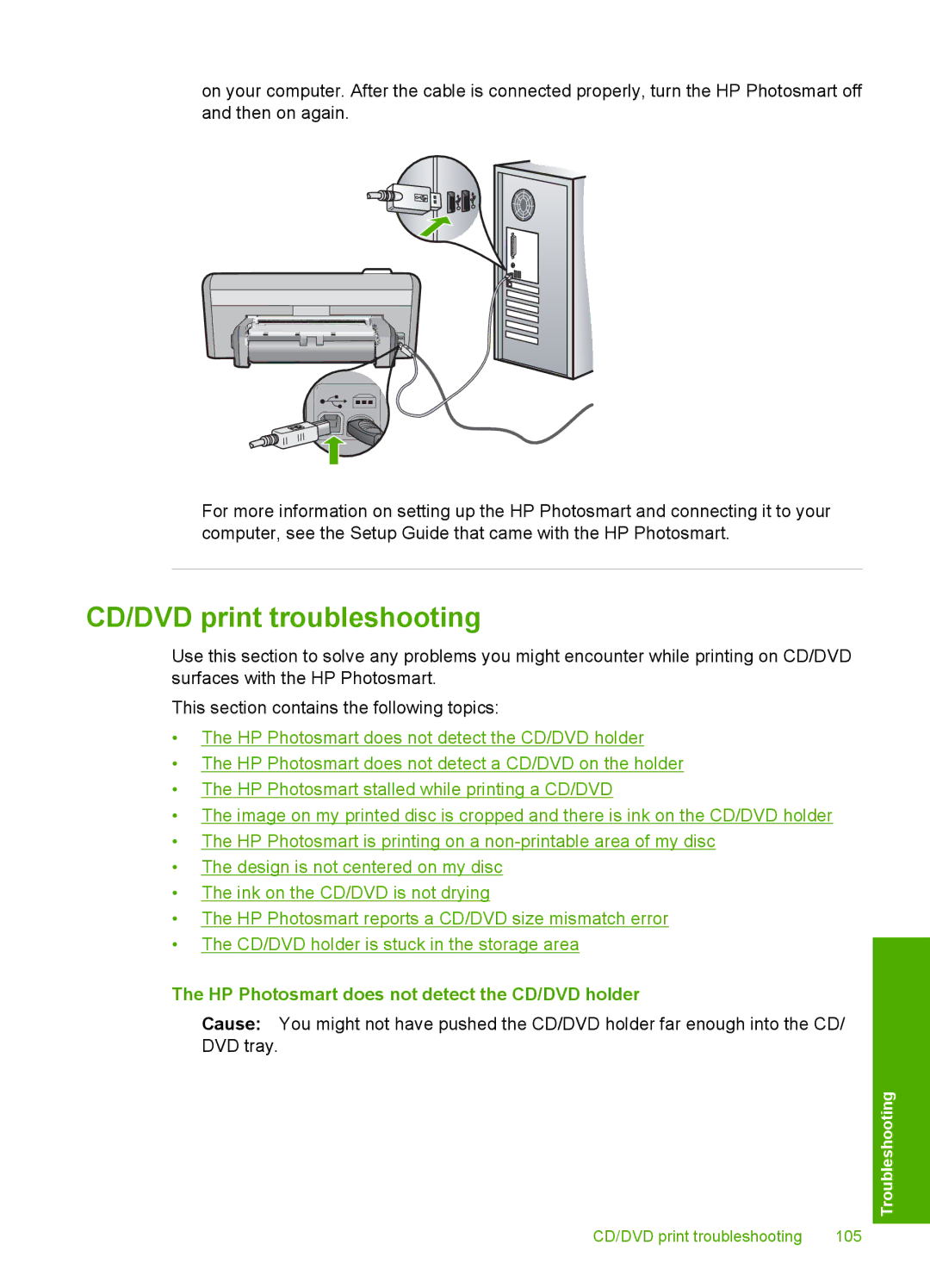 HP D5300 manual CD/DVD print troubleshooting, HP Photosmart does not detect the CD/DVD holder 