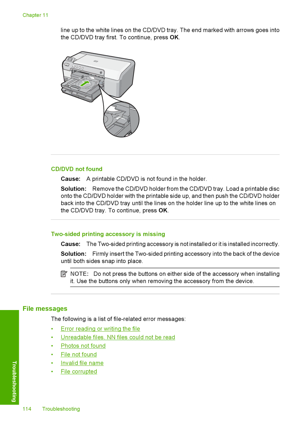 HP D5300 manual File messages, CD/DVD not found, Two-sided printing accessory is missing 