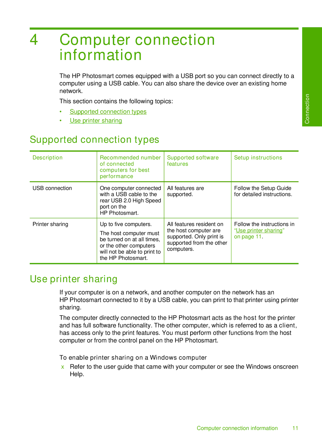 HP D5300 manual Computer connection information, Supported connection types, Use printer sharing 