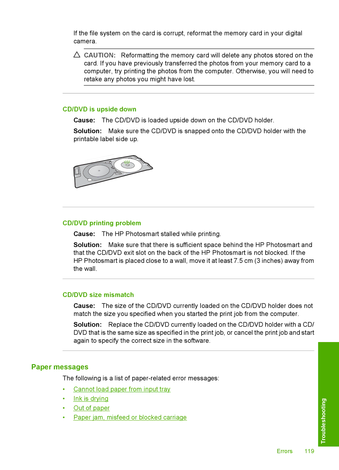 HP D5300 manual Paper messages, CD/DVD is upside down, CD/DVD printing problem, CD/DVD size mismatch 