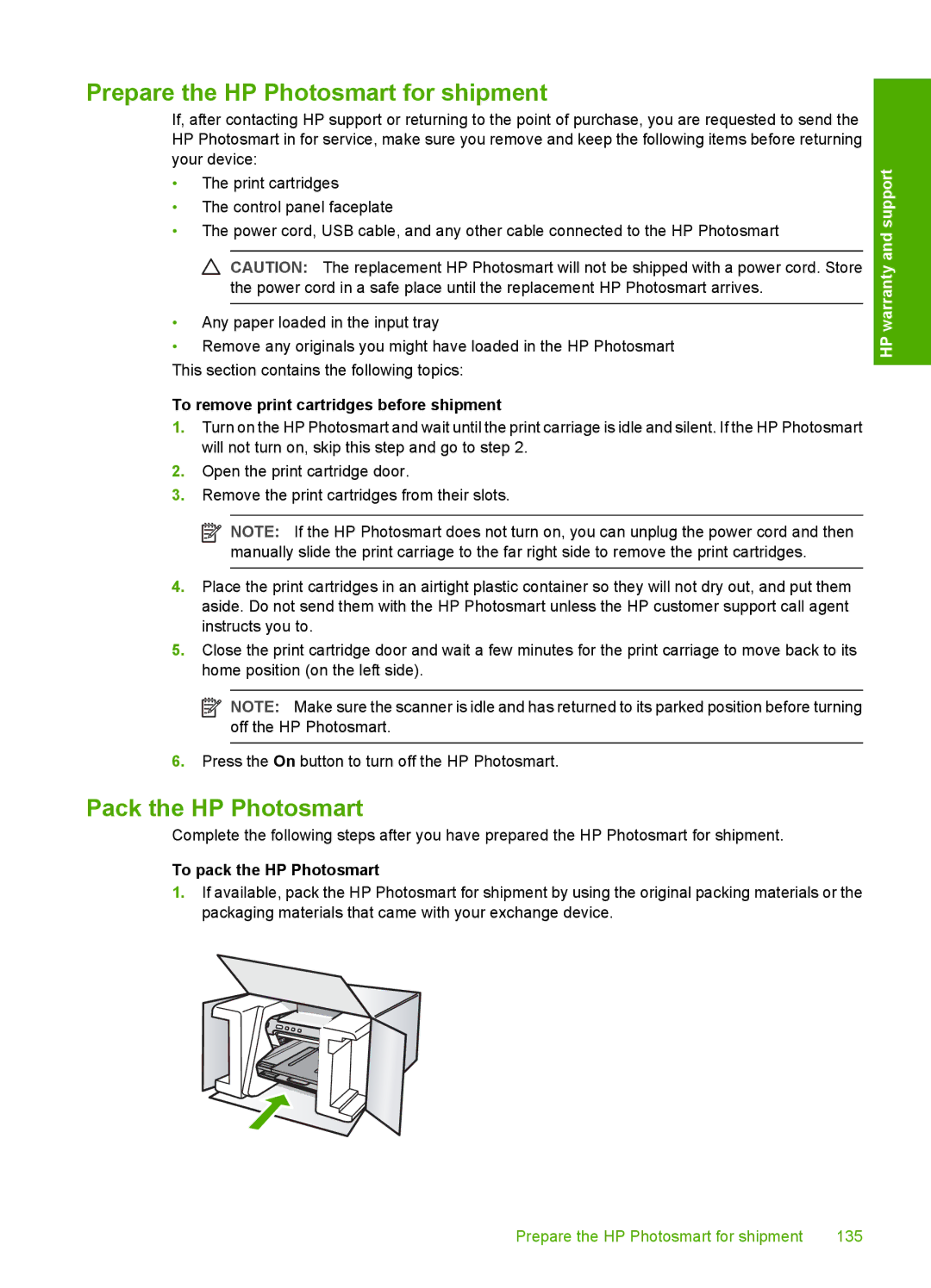 HP D5300 manual Prepare the HP Photosmart for shipment 