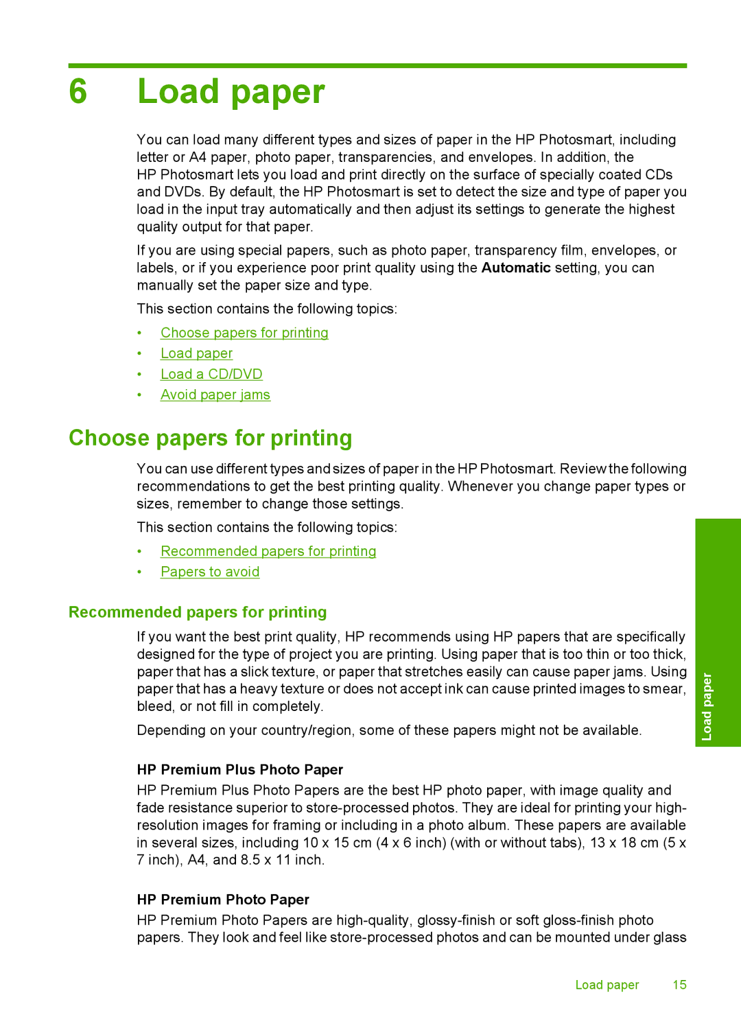 HP D5300 manual Load paper, Choose papers for printing, Recommended papers for printing, HP Premium Plus Photo Paper 