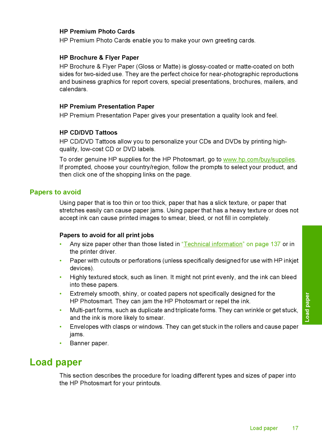 HP D5300 manual Load paper, Papers to avoid 