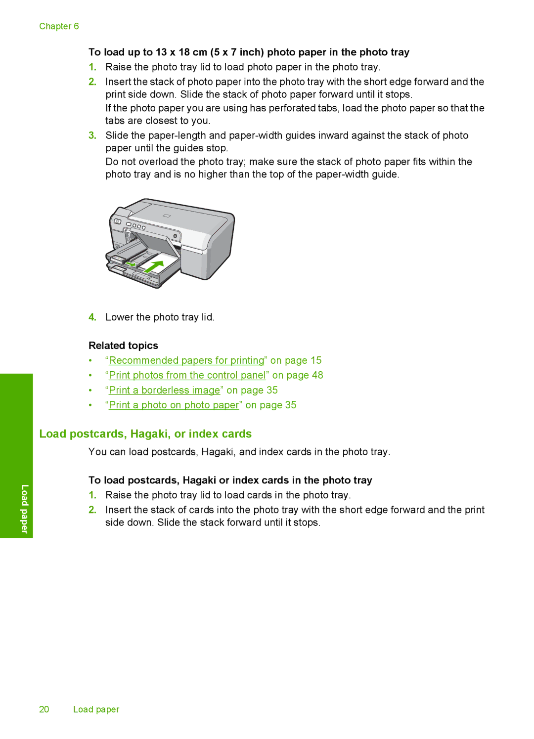 HP D5300 manual Load postcards, Hagaki, or index cards, To load postcards, Hagaki or index cards in the photo tray 