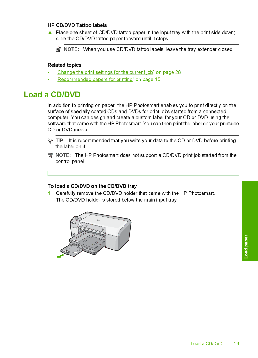 HP D5300 manual Load a CD/DVD, HP CD/DVD Tattoo labels, To load a CD/DVD on the CD/DVD tray 