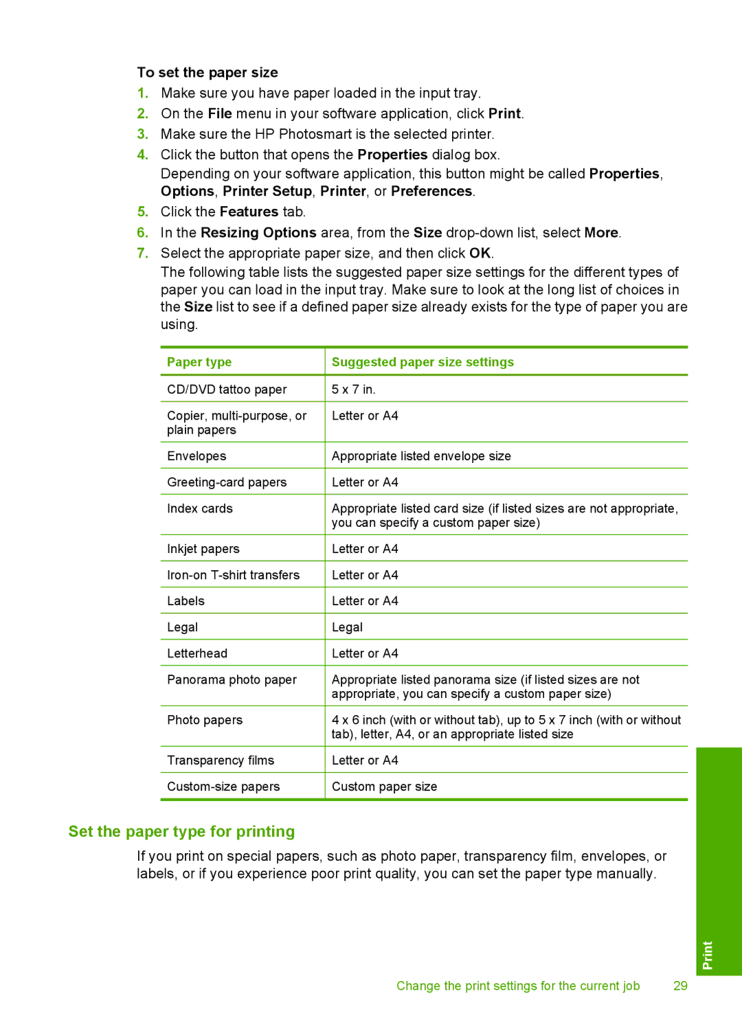 HP D5300 manual Set the paper type for printing, To set the paper size 