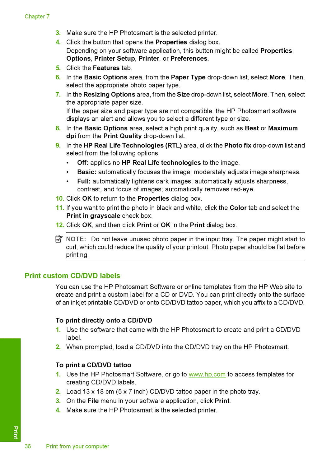 HP D5300 manual Print custom CD/DVD labels, To print directly onto a CD/DVD, To print a CD/DVD tattoo 