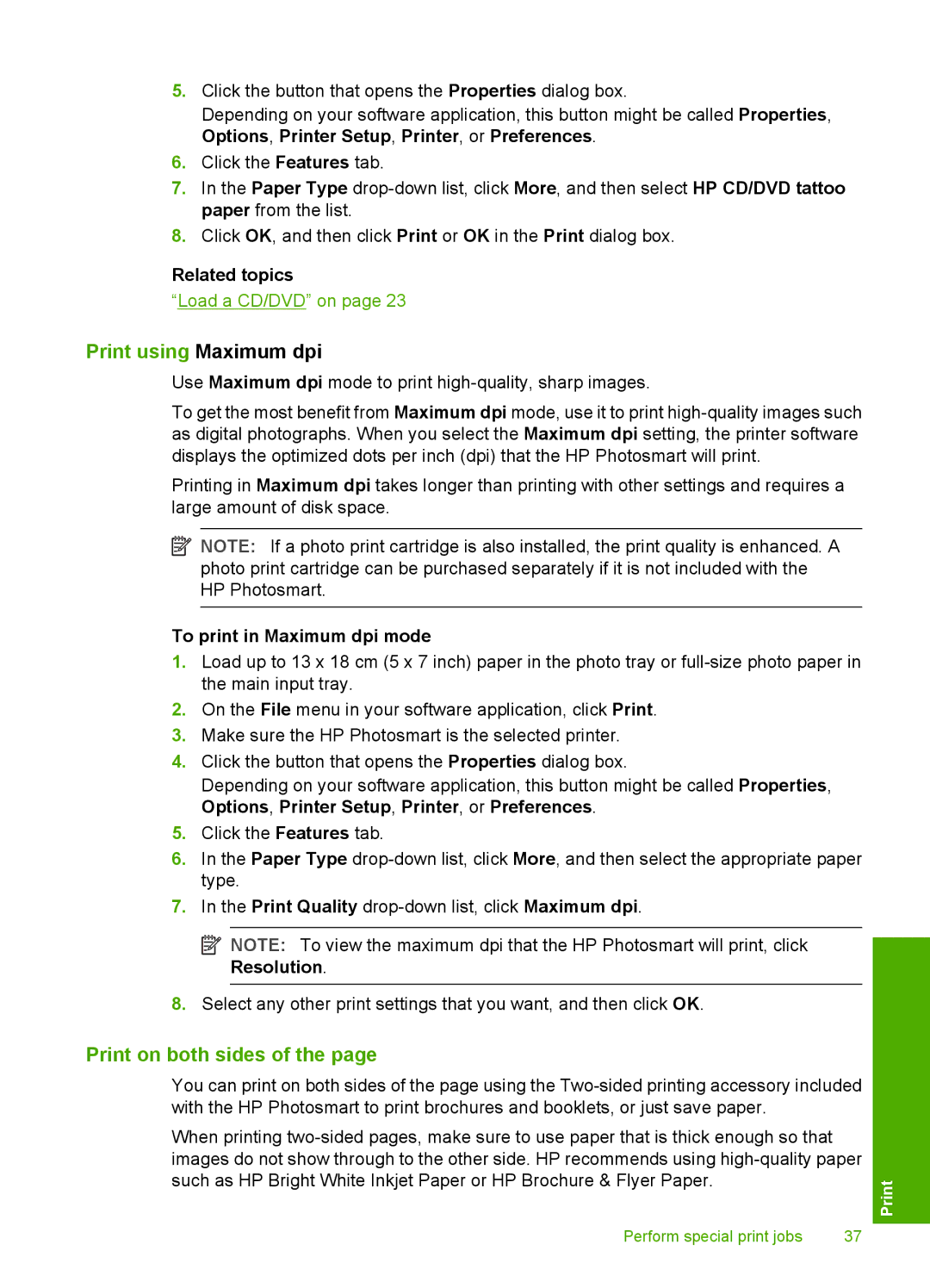 HP D5300 manual Print using Maximum dpi, Print on both sides, To print in Maximum dpi mode 