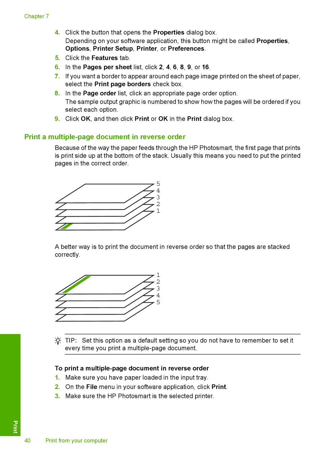 HP D5300 manual Print a multiple-page document in reverse order, To print a multiple-page document in reverse order 