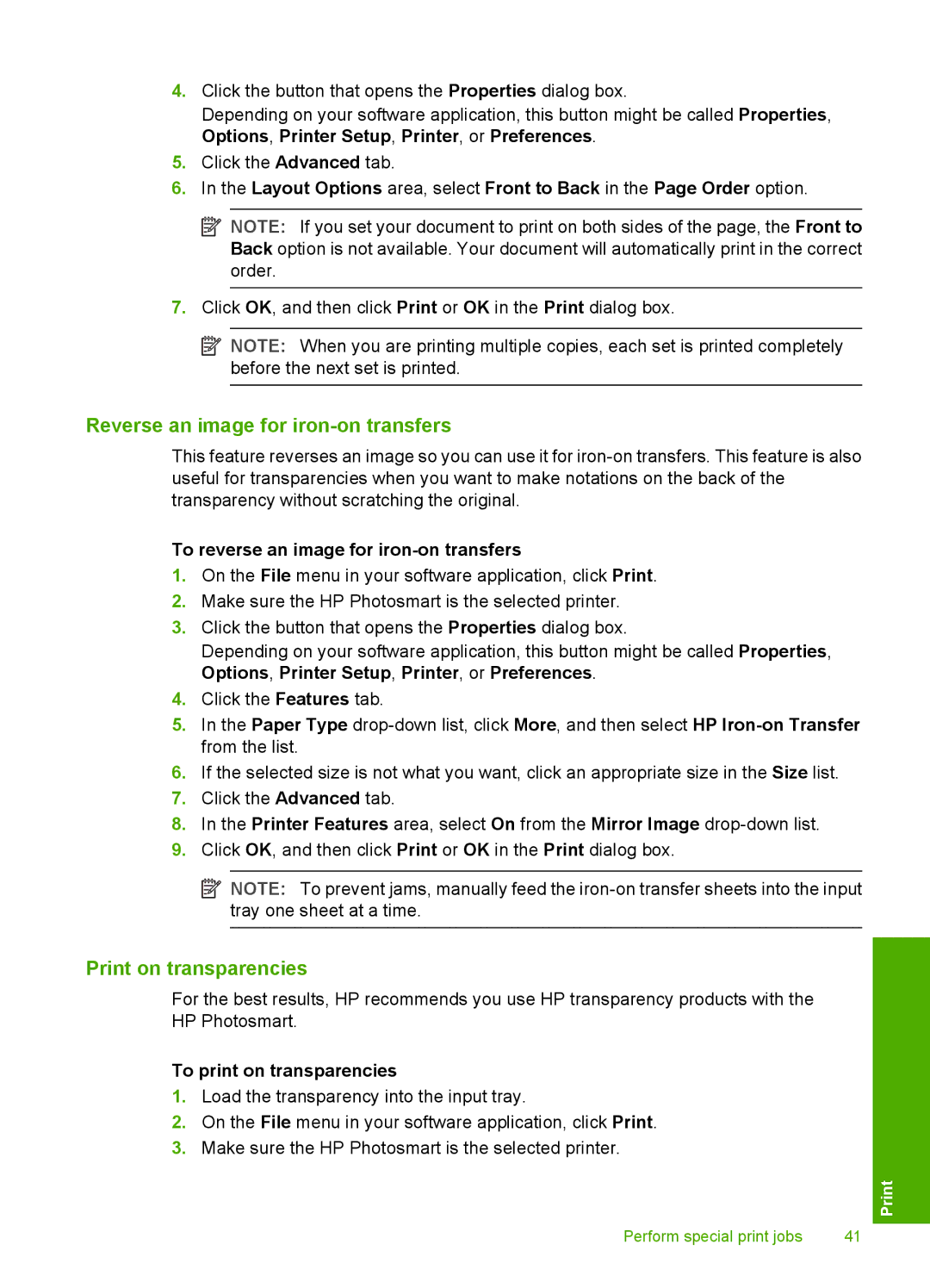 HP D5300 manual Reverse an image for iron-on transfers, Print on transparencies, To reverse an image for iron-on transfers 