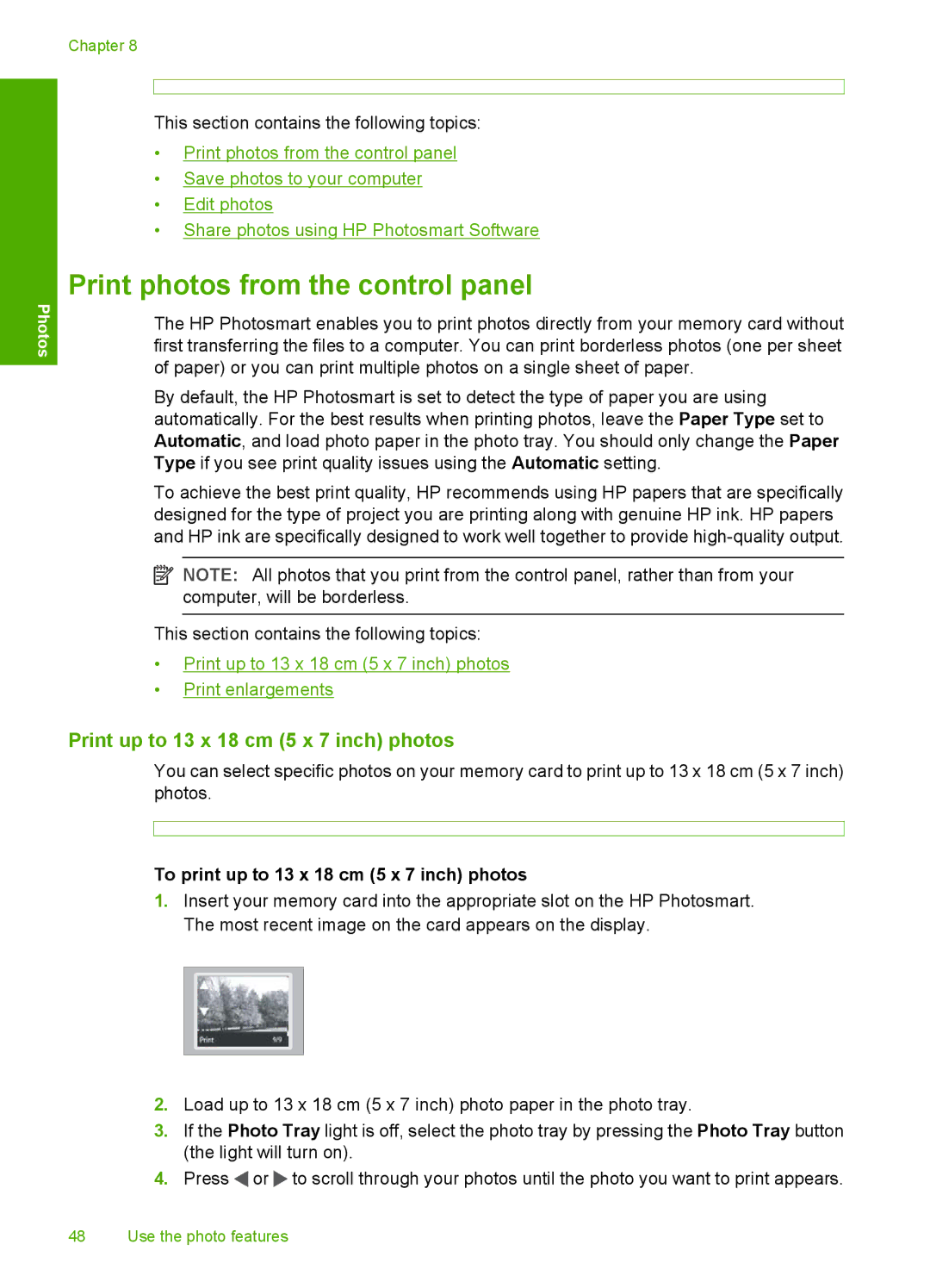 HP D5300 manual Print photos from the control panel, Print up to 13 x 18 cm 5 x 7 inch photos 