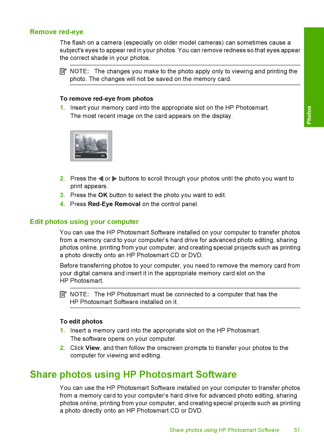 HP D5300 manual Share photos using HP Photosmart Software, Remove red-eye, Edit photos using your computer, To edit photos 