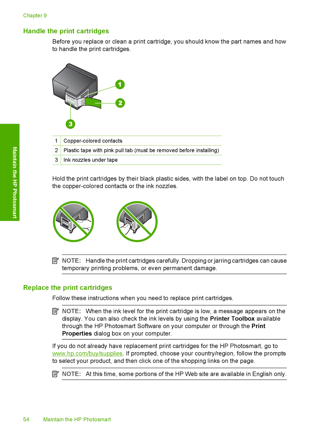 HP D5300 manual Handle the print cartridges, Replace the print cartridges 