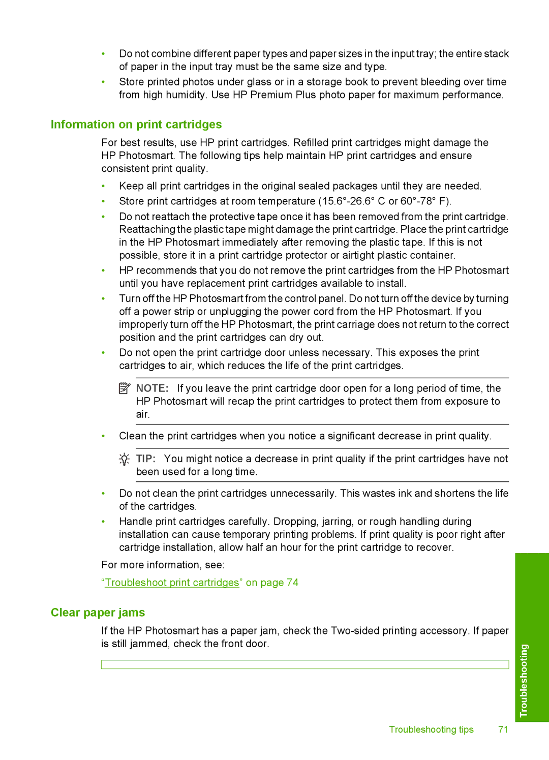 HP D5300 manual Information on print cartridges, Clear paper jams 