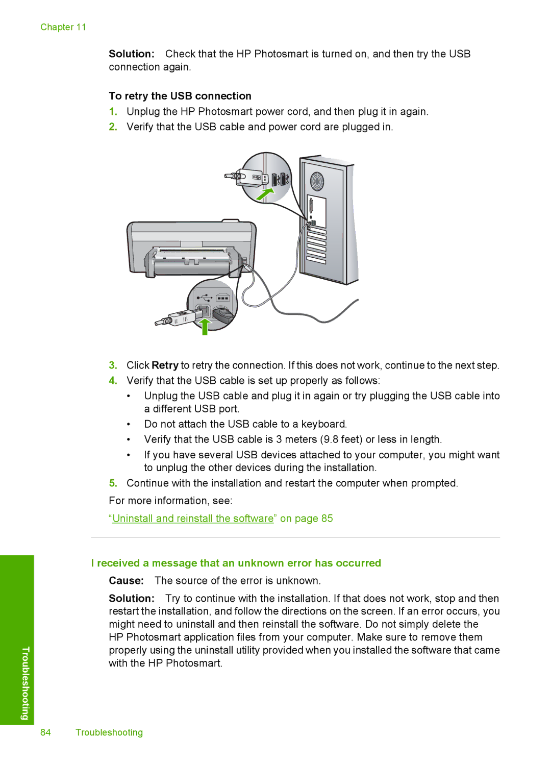 HP D5300 manual To retry the USB connection, Received a message that an unknown error has occurred 