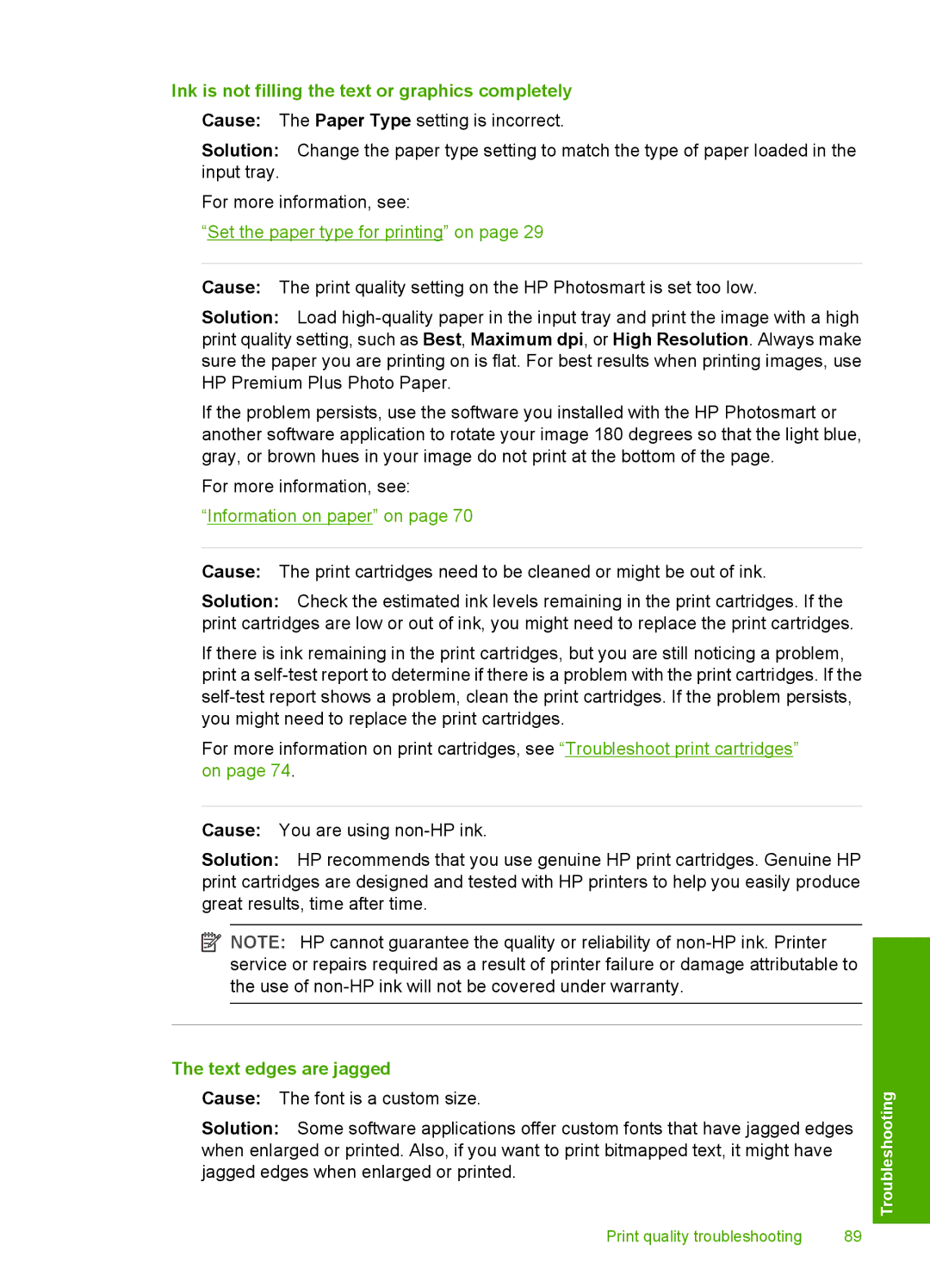 HP D5300 manual Ink is not filling the text or graphics completely, Text edges are jagged 