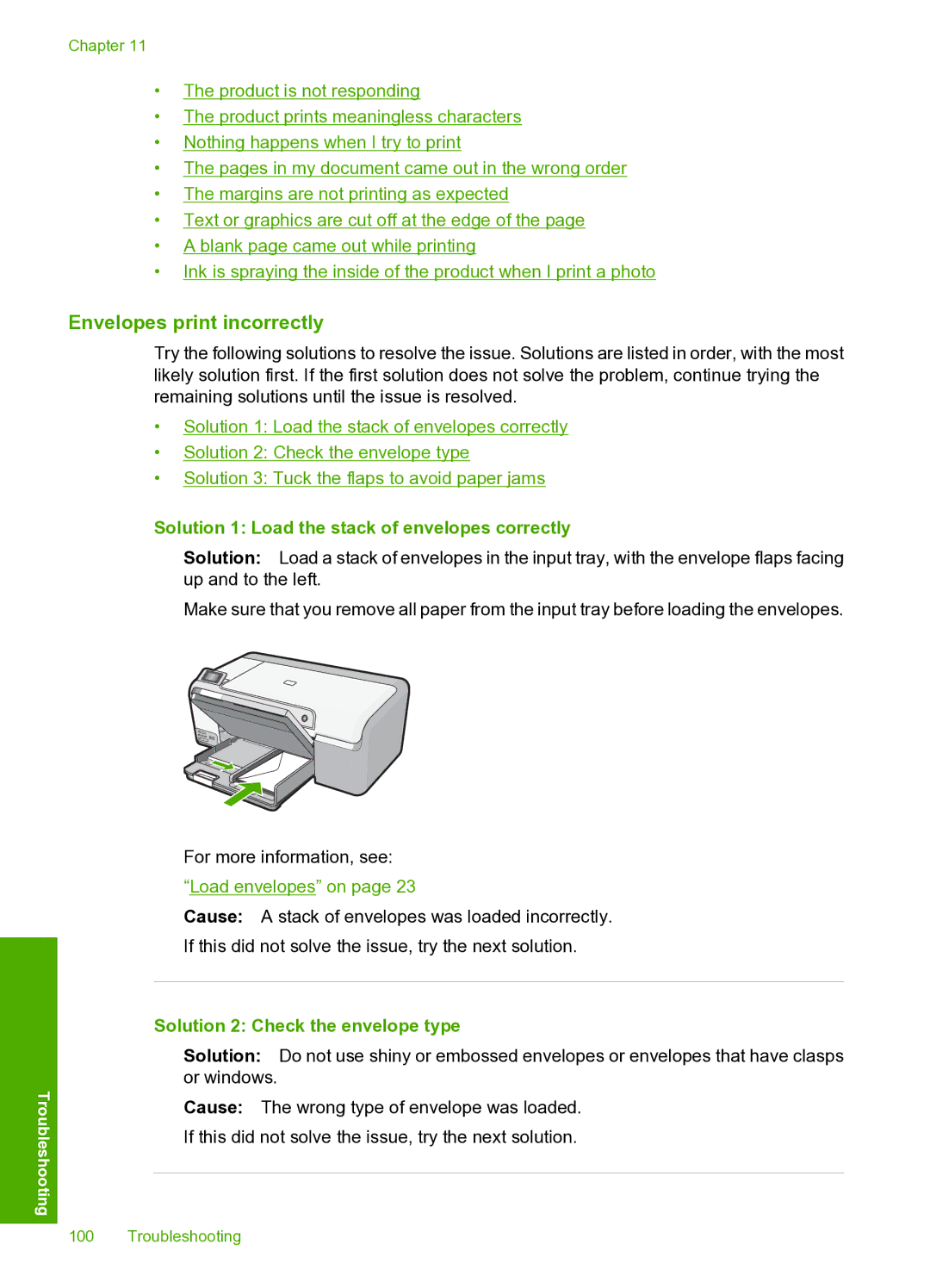 HP D5400 Envelopes print incorrectly, Solution 1 Load the stack of envelopes correctly, Solution 2 Check the envelope type 