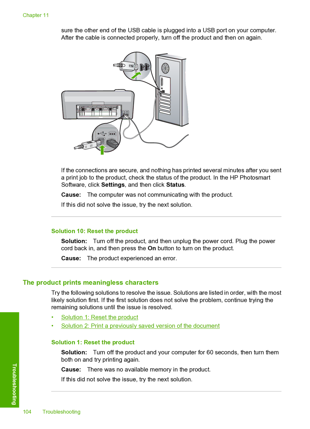 HP D5400 manual Product prints meaningless characters, Solution 10 Reset the product 