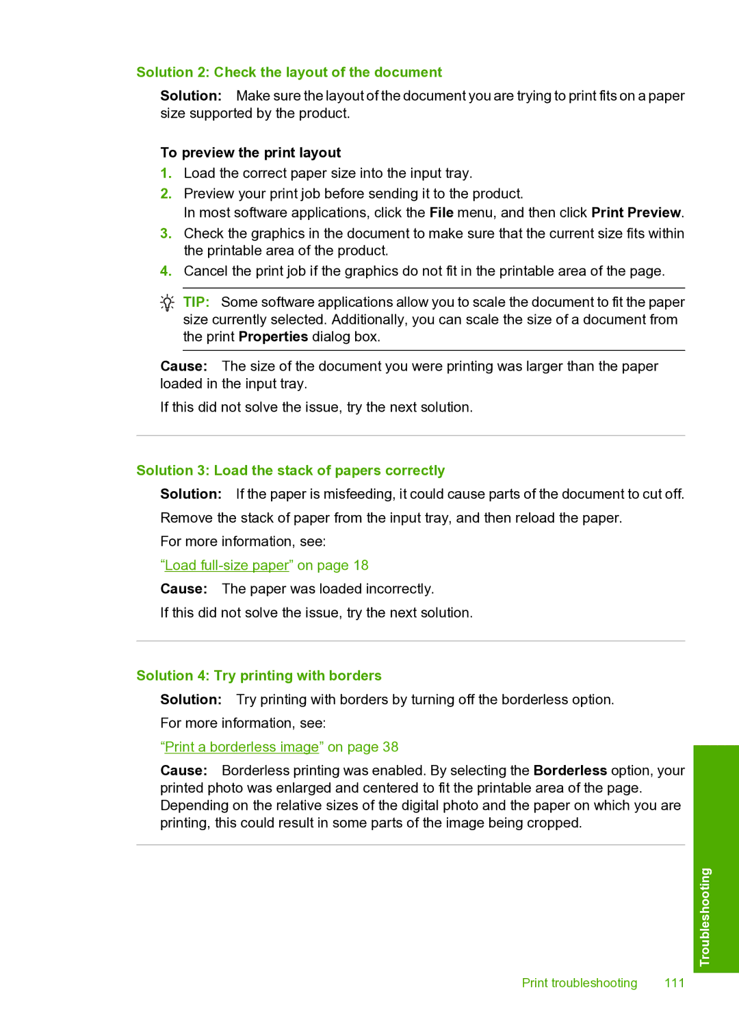 HP D5400 Solution 2 Check the layout of the document, To preview the print layout, Solution 4 Try printing with borders 