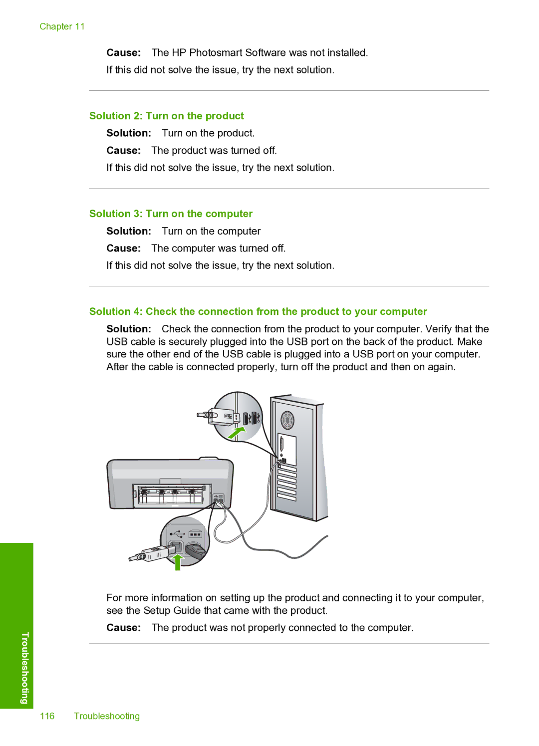 HP D5400 manual Solution 2 Turn on the product, Solution 3 Turn on the computer 