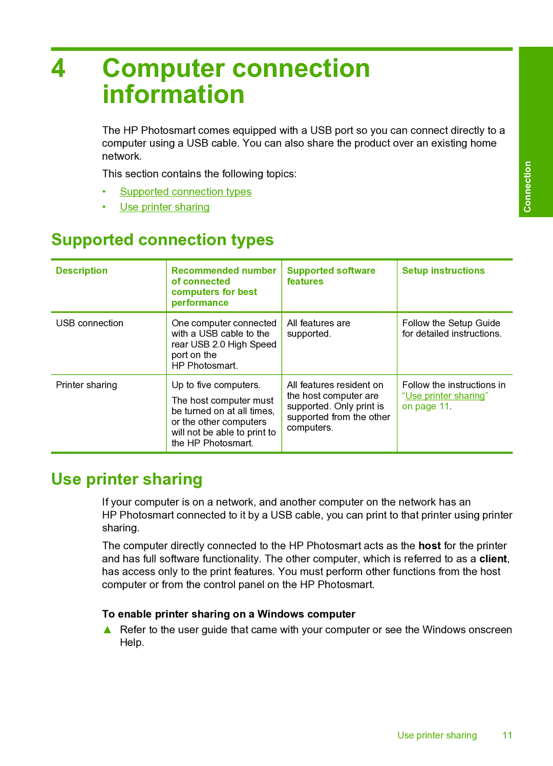 HP D5400 manual Computer connection information, Supported connection types, Use printer sharing 