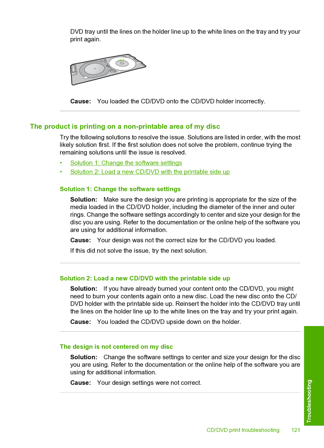 HP D5400 manual Product is printing on a non-printable area of my disc, Solution 1 Change the software settings 