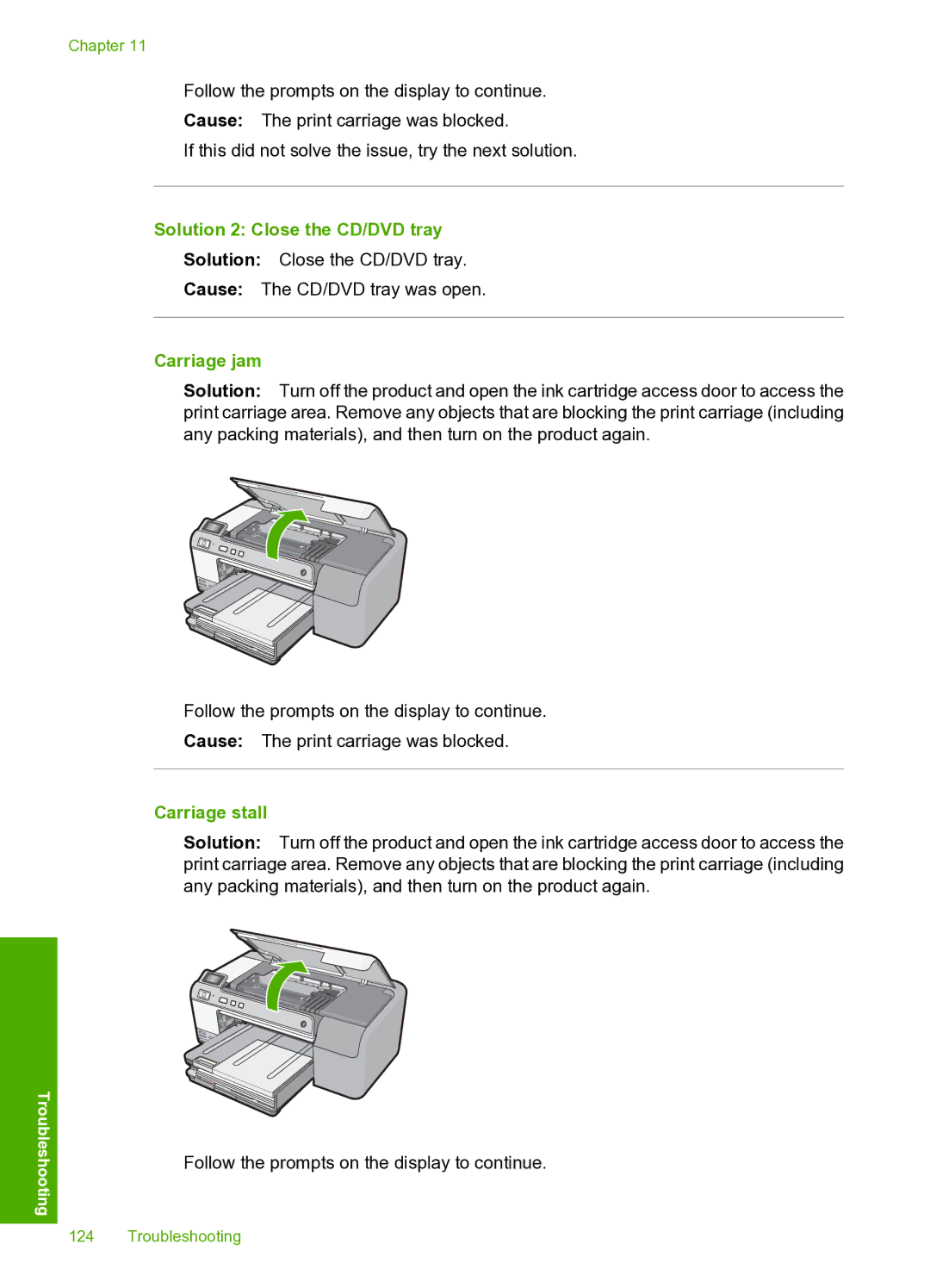 HP D5400 manual Solution 2 Close the CD/DVD tray, Carriage jam, Carriage stall 