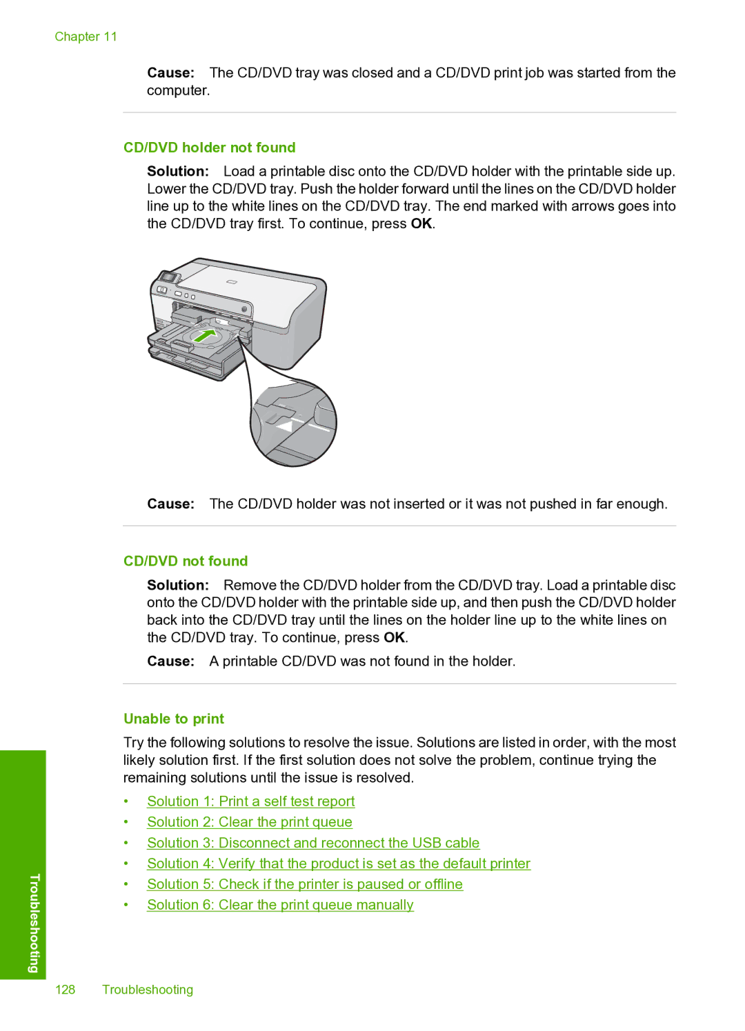 HP D5400 manual CD/DVD holder not found, CD/DVD not found, Unable to print 