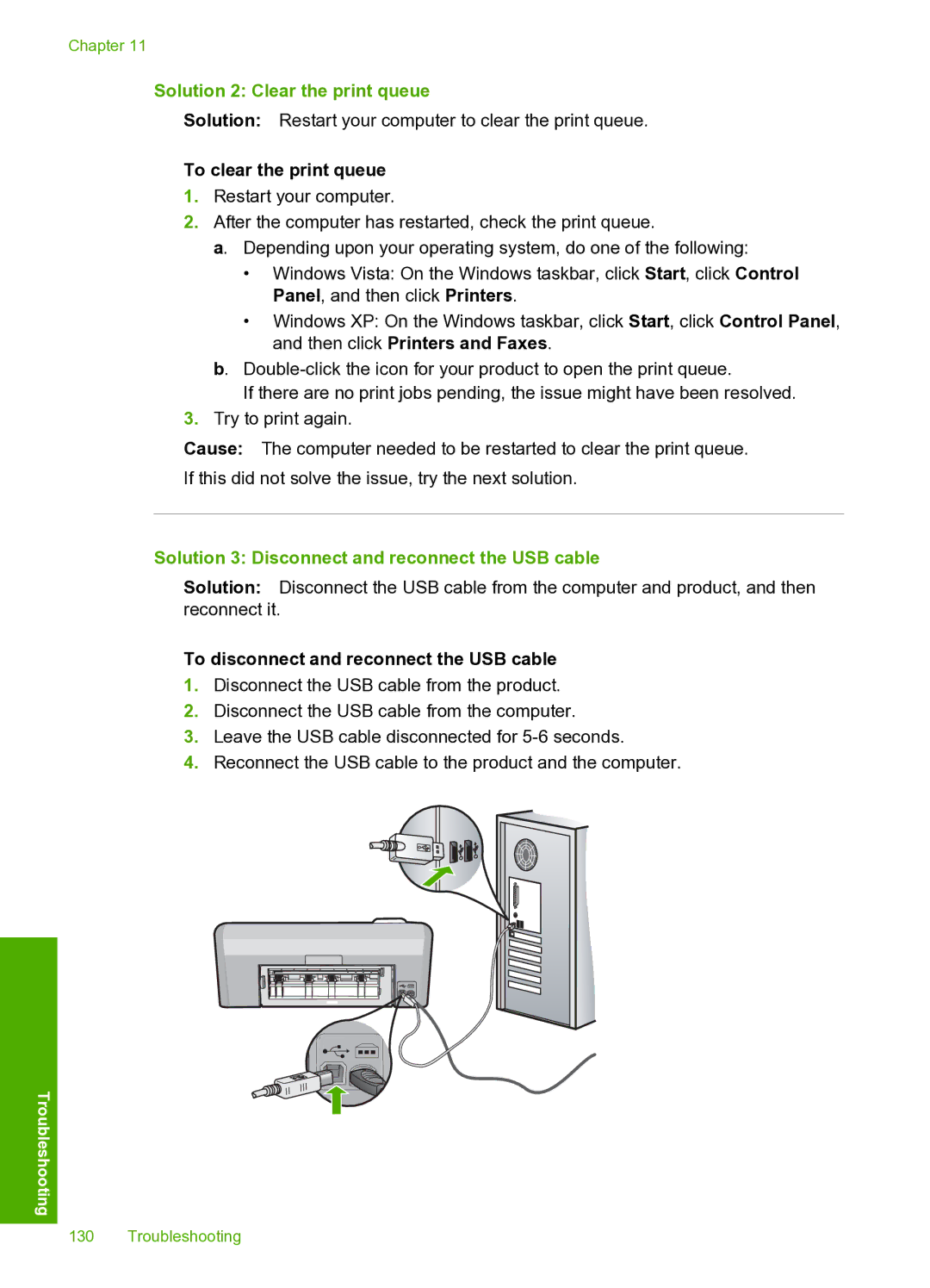 HP D5400 Solution 2 Clear the print queue, To clear the print queue, Solution 3 Disconnect and reconnect the USB cable 