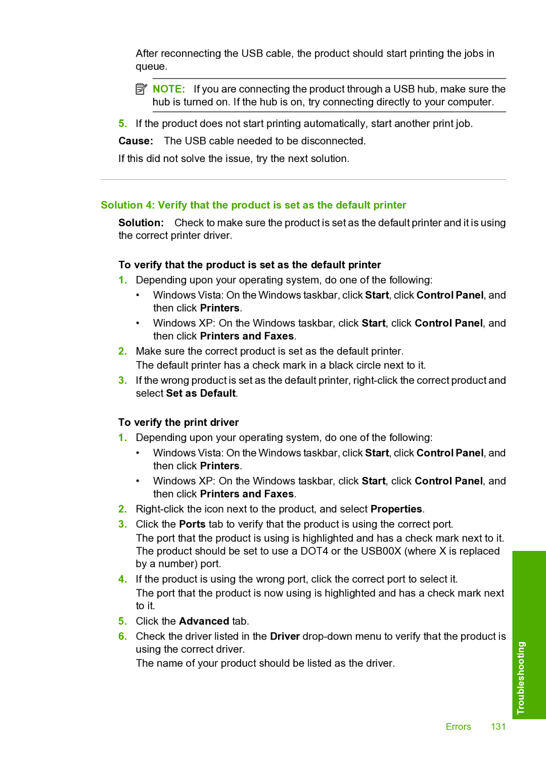 HP D5400 manual To verify that the product is set as the default printer, To verify the print driver 