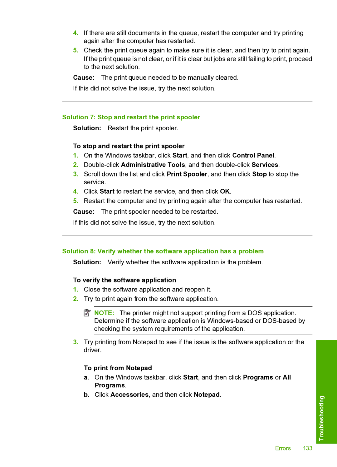 HP D5400 manual Solution 7 Stop and restart the print spooler, To stop and restart the print spooler, To print from Notepad 