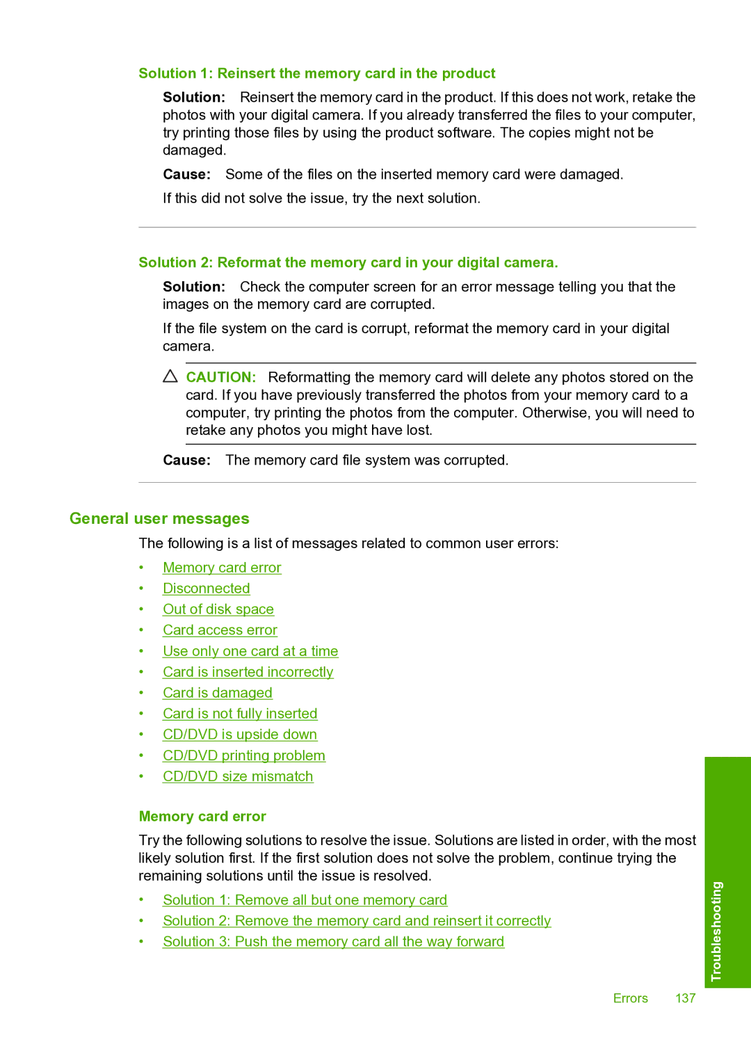 HP D5400 manual General user messages, Solution 1 Reinsert the memory card in the product, Memory card error 