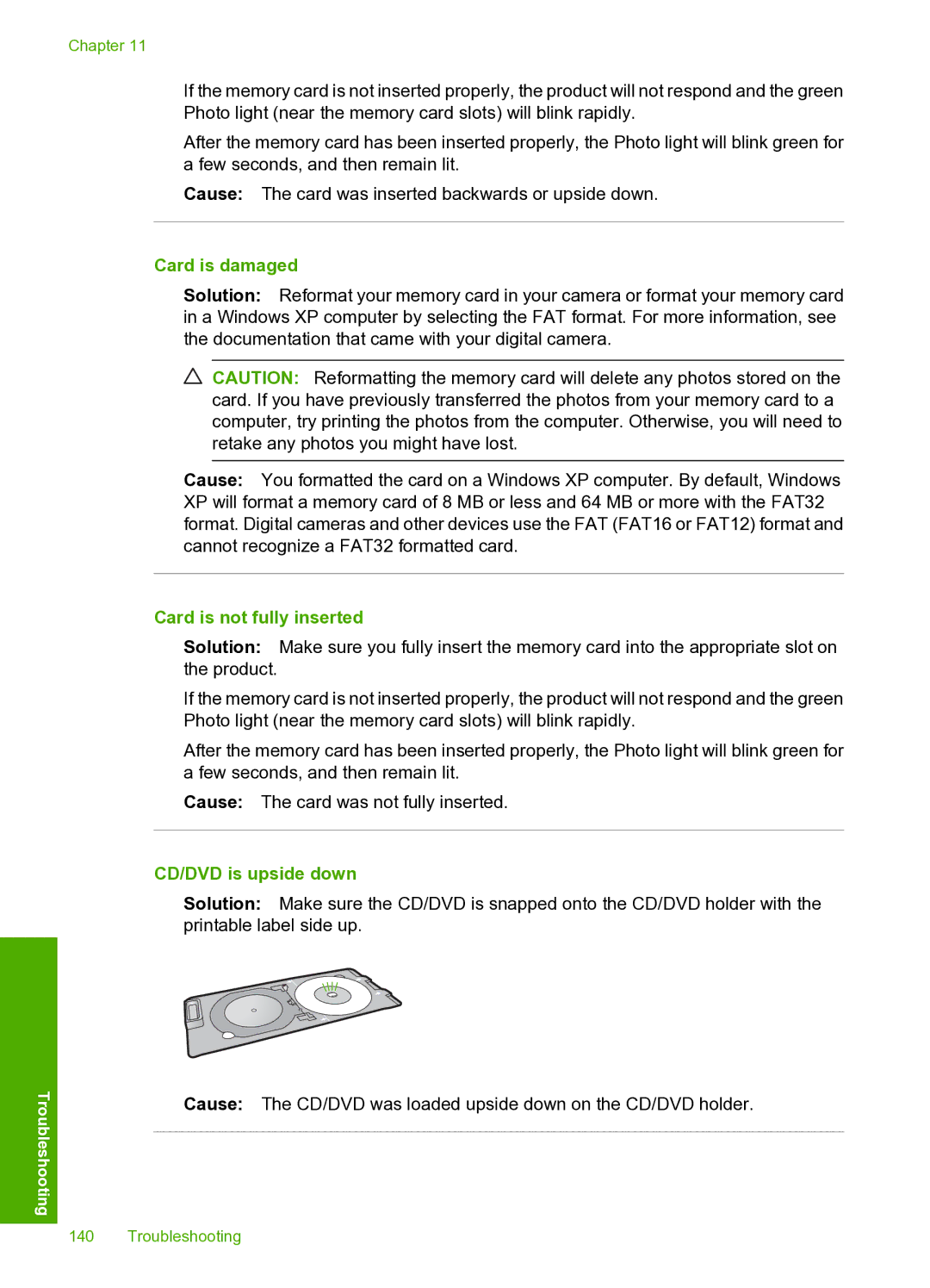 HP D5400 manual Card is damaged, Card is not fully inserted, CD/DVD is upside down 