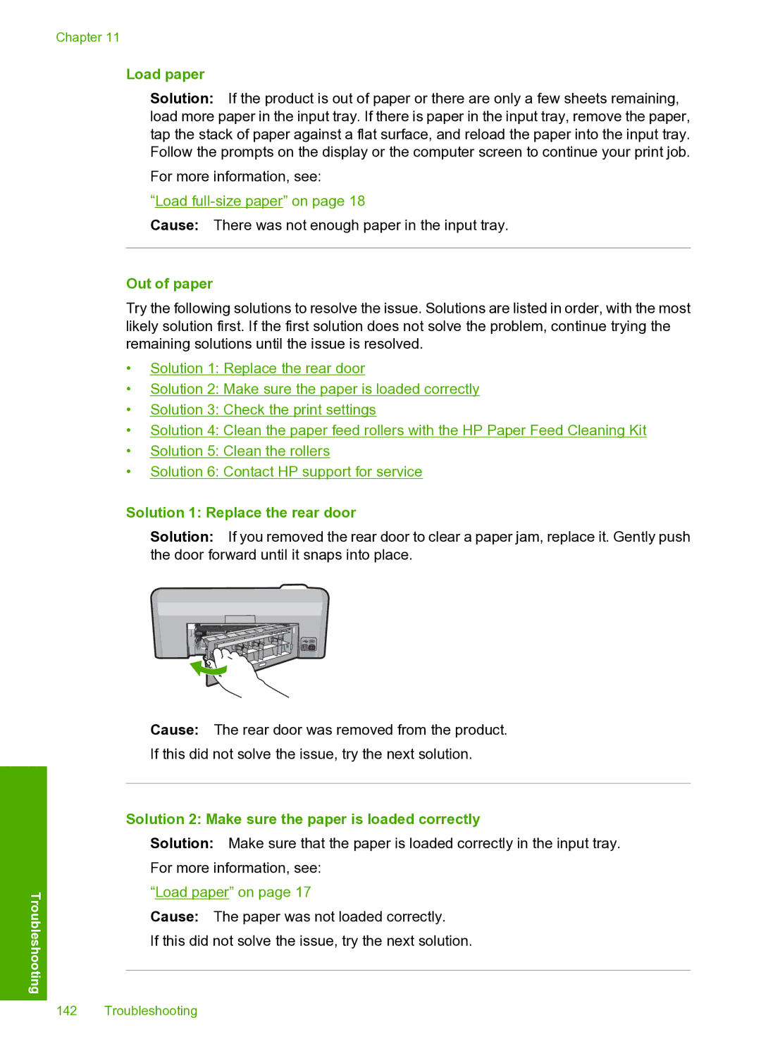 HP D5400 manual Out of paper, Solution 1 Replace the rear door 