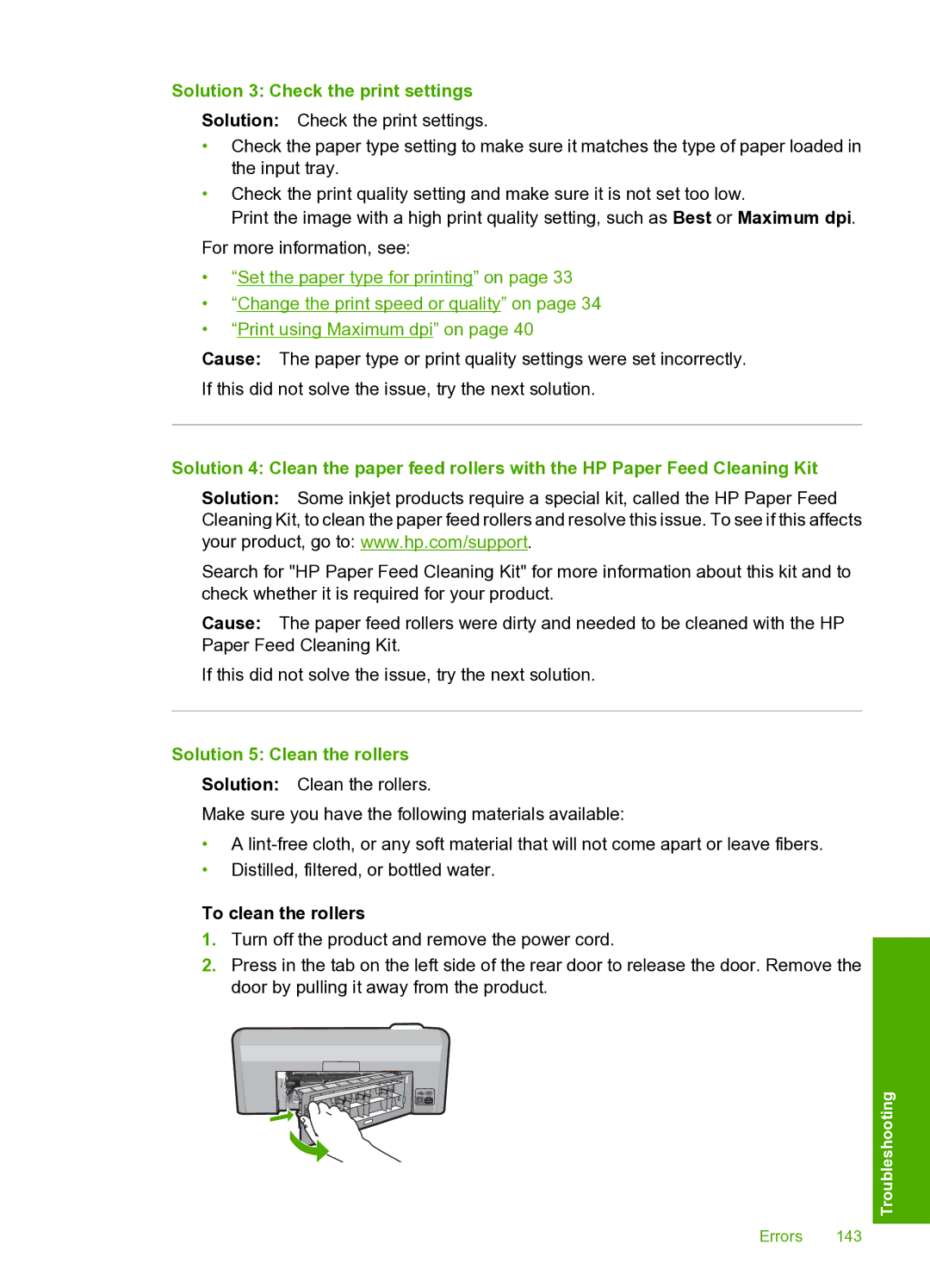 HP D5400 manual Solution 3 Check the print settings, Solution 5 Clean the rollers 