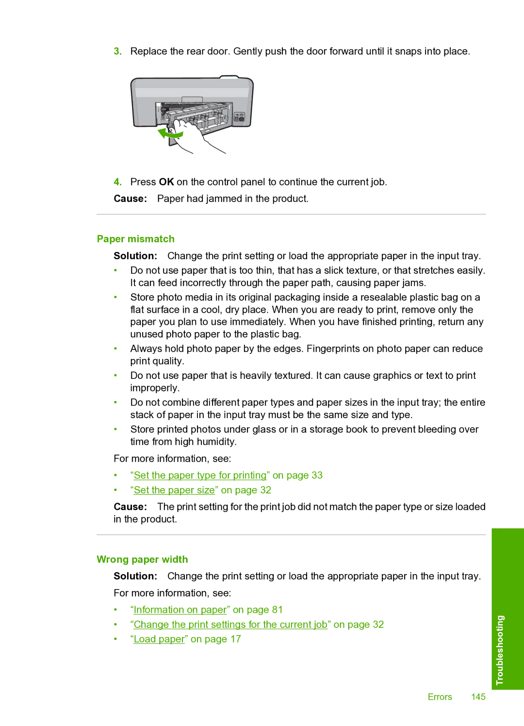 HP D5400 manual Paper mismatch, Wrong paper width 