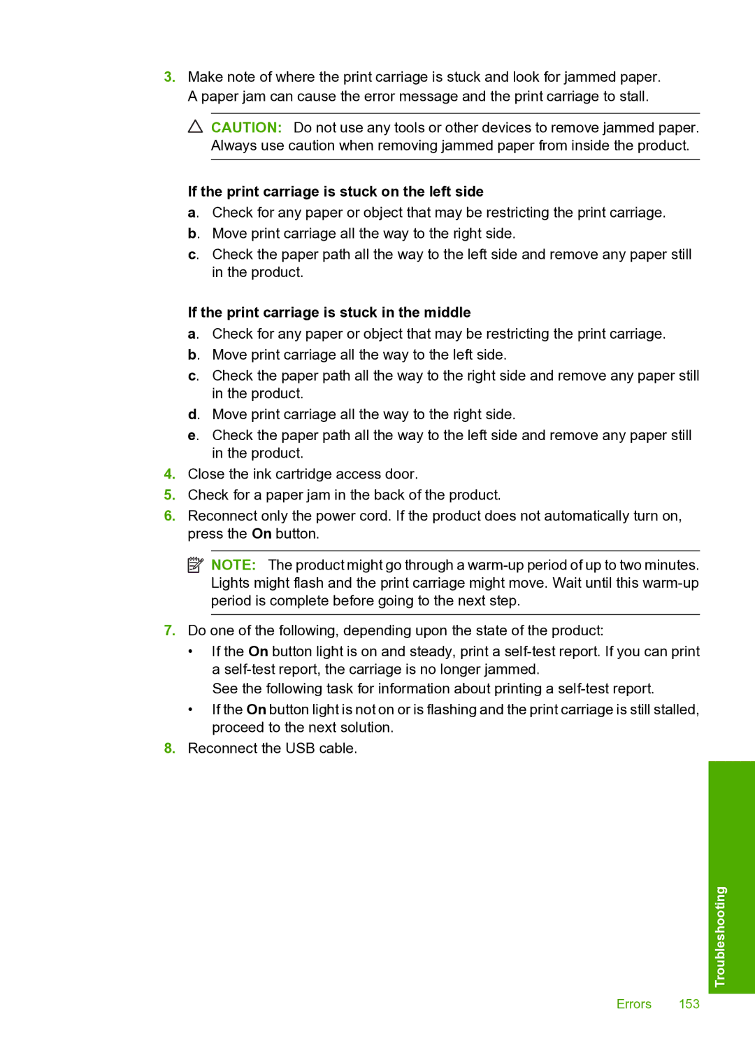 HP D5400 manual If the print carriage is stuck on the left side, If the print carriage is stuck in the middle 