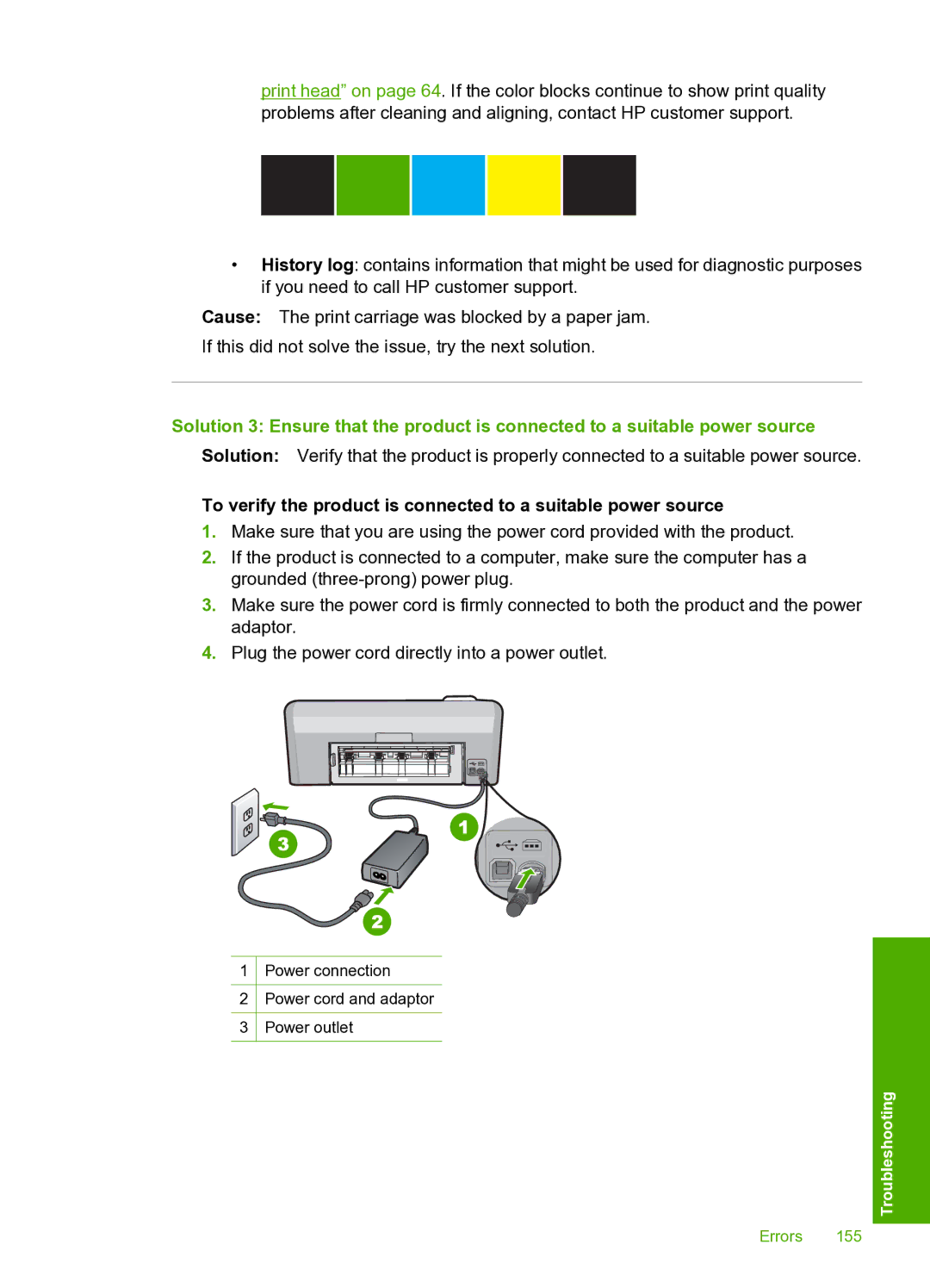 HP D5400 manual Power connection Power cord and adaptor Power outlet 