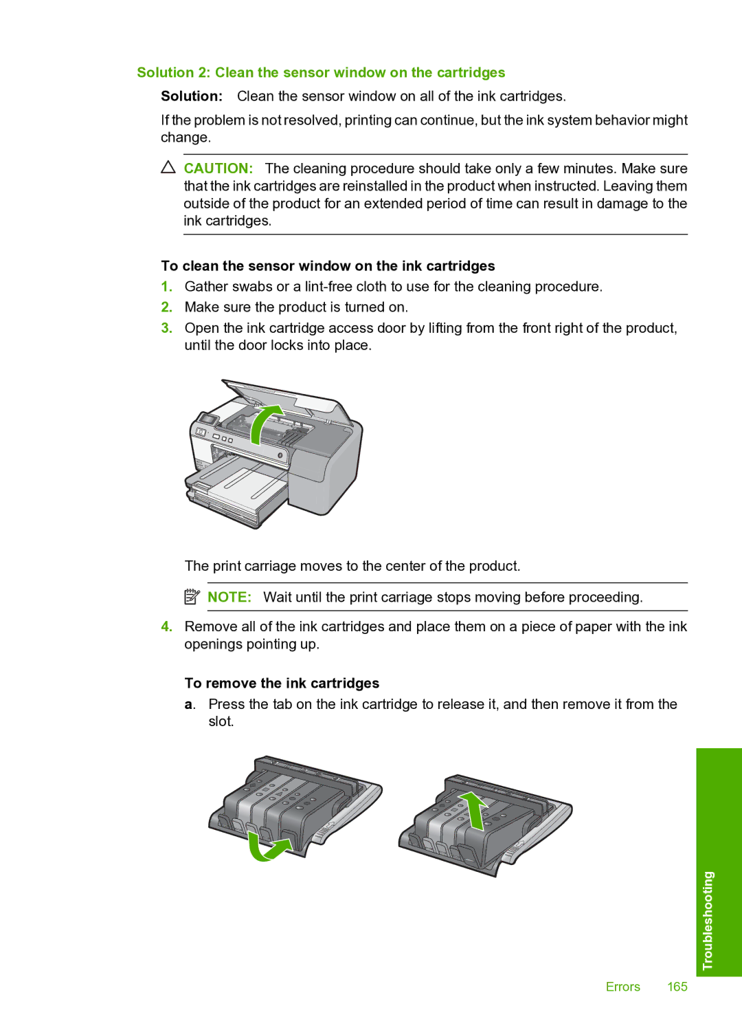 HP D5400 manual Solution 2 Clean the sensor window on the cartridges, To clean the sensor window on the ink cartridges 