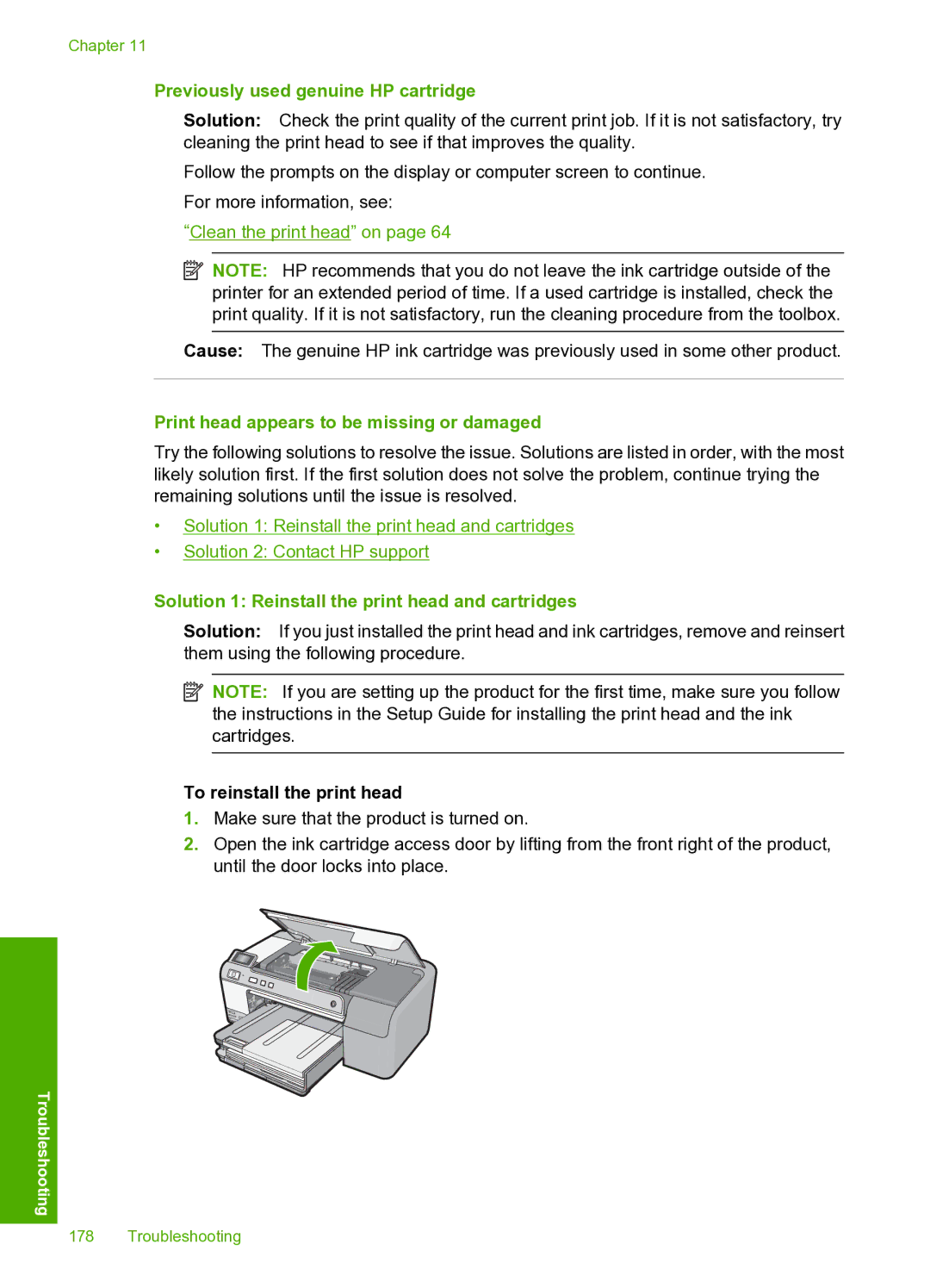 HP D5400 manual Previously used genuine HP cartridge, Print head appears to be missing or damaged 