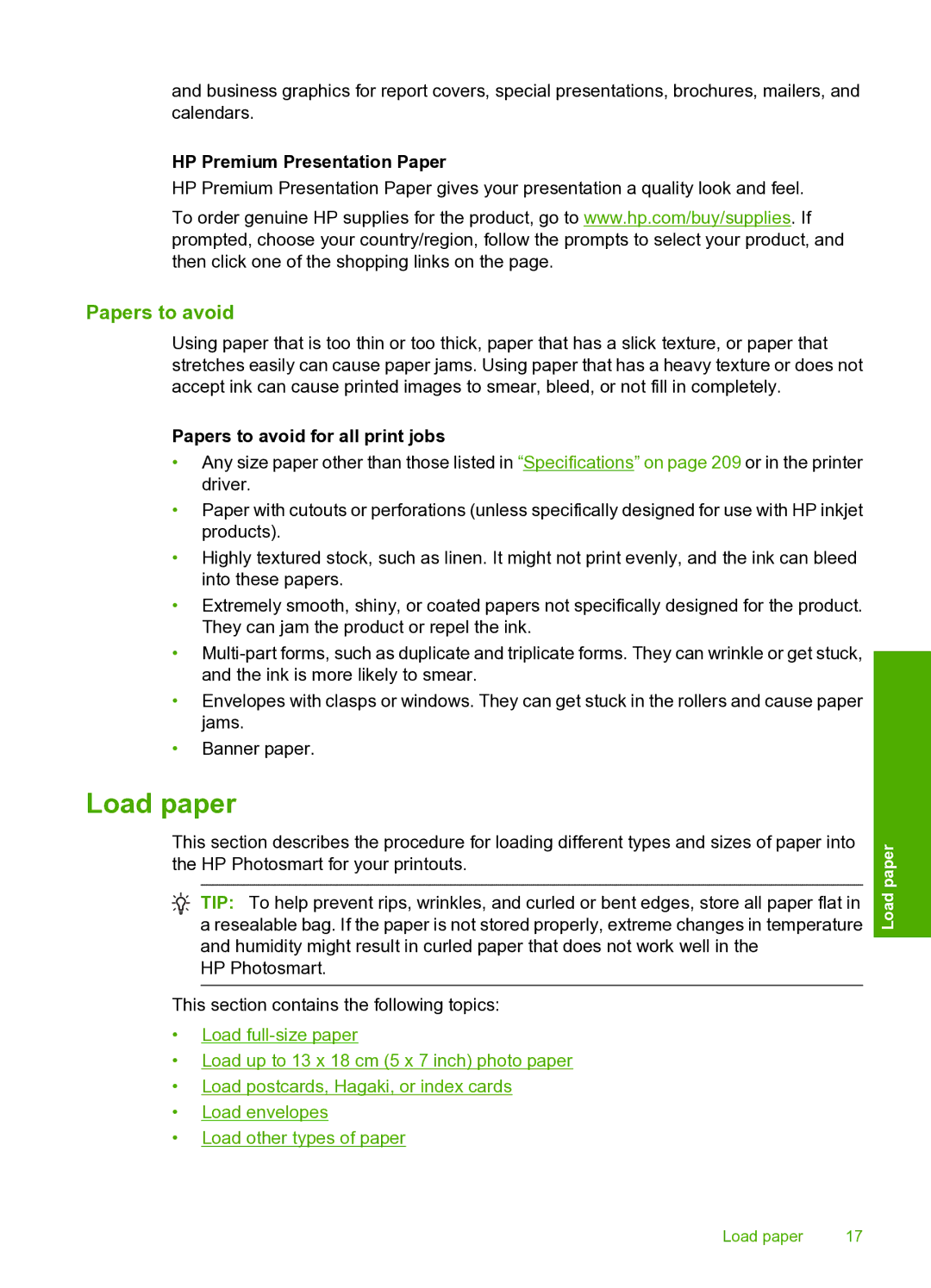 HP D5400 manual Load paper, HP Premium Presentation Paper, Papers to avoid for all print jobs 