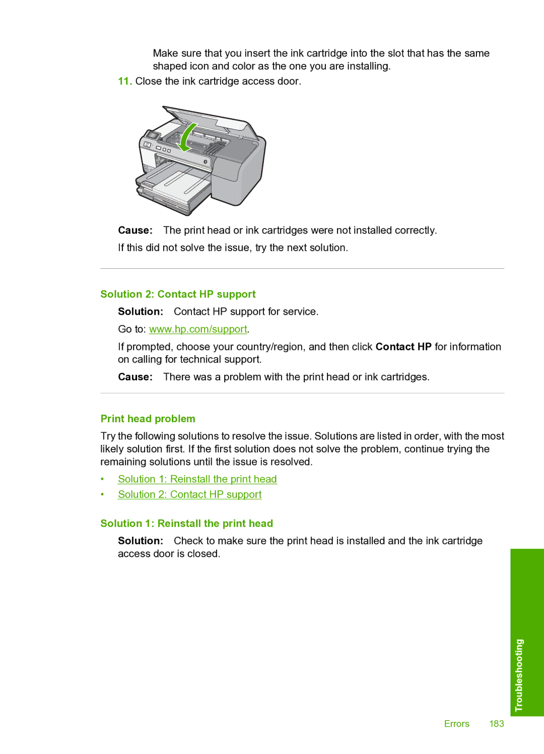 HP D5400 manual Print head problem, Solution 1 Reinstall the print head 