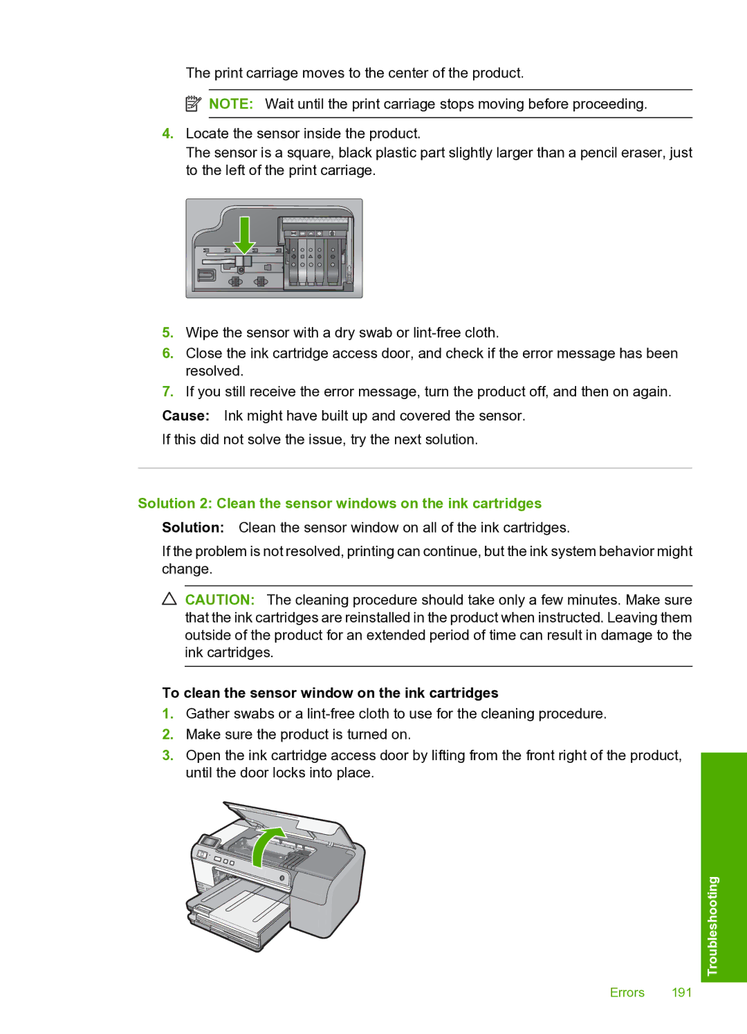 HP D5400 manual Solution 2 Clean the sensor windows on the ink cartridges, To clean the sensor window on the ink cartridges 