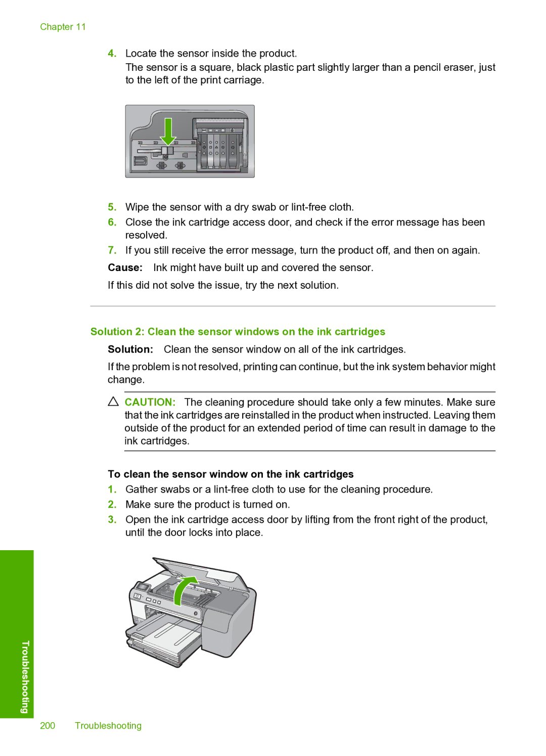 HP D5400 manual Solution 2 Clean the sensor windows on the ink cartridges 