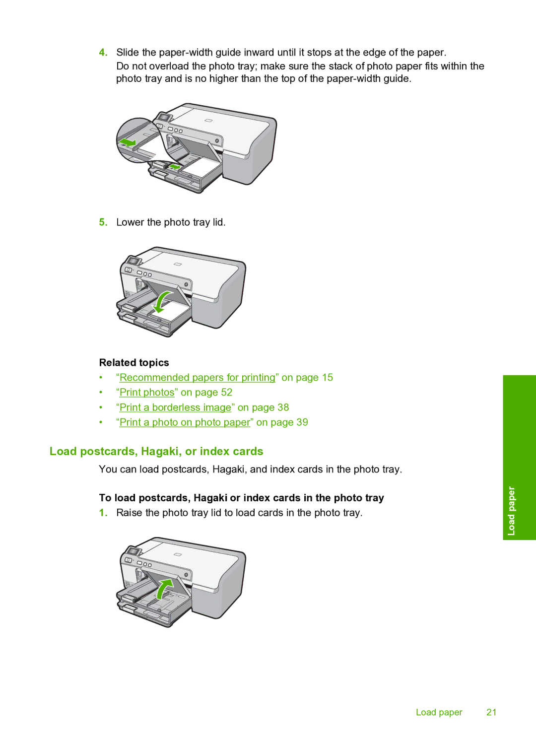 HP D5400 manual Load postcards, Hagaki, or index cards, To load postcards, Hagaki or index cards in the photo tray 