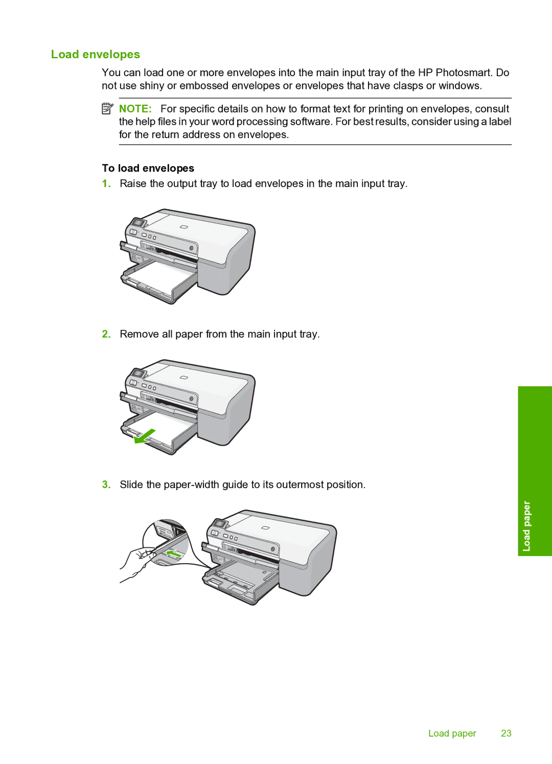 HP D5400 manual Load envelopes, To load envelopes 